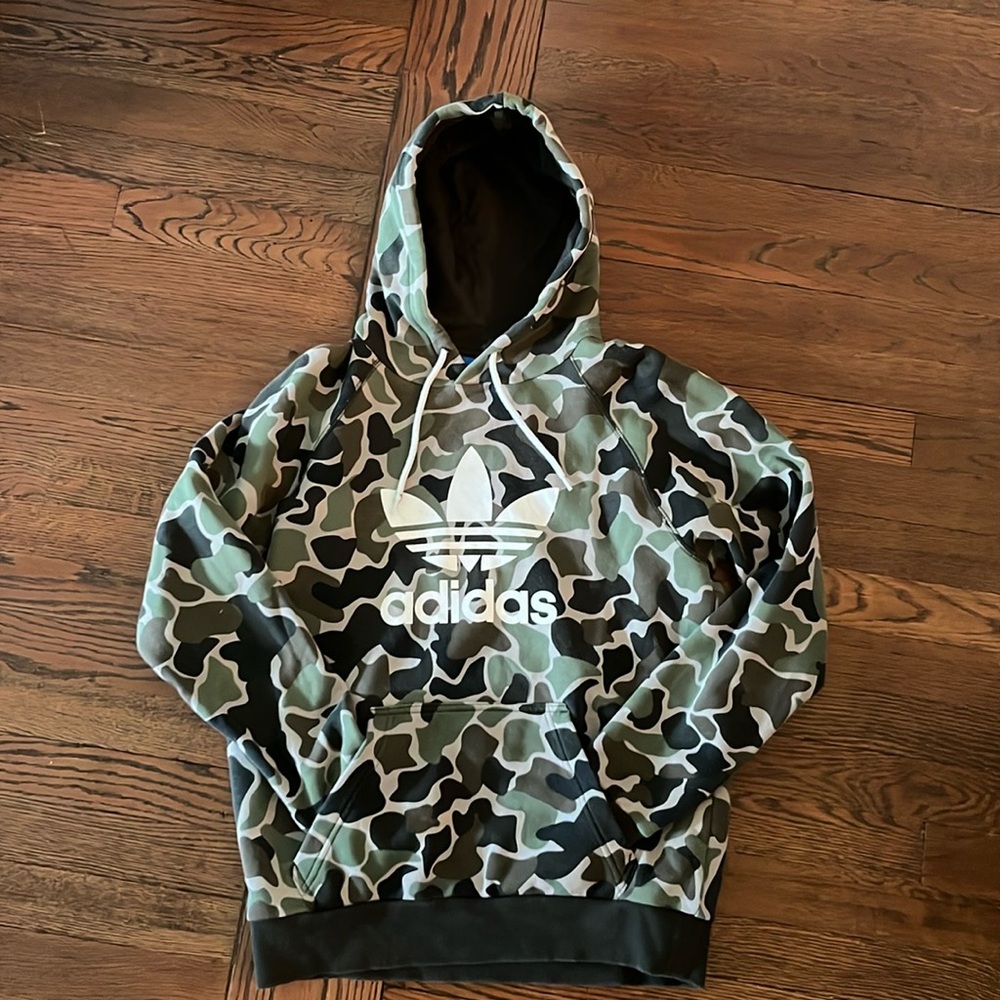 Adidas Hoodie Mens small Camo Camouflage Trefoil Fleece Pullover Sweatshirt